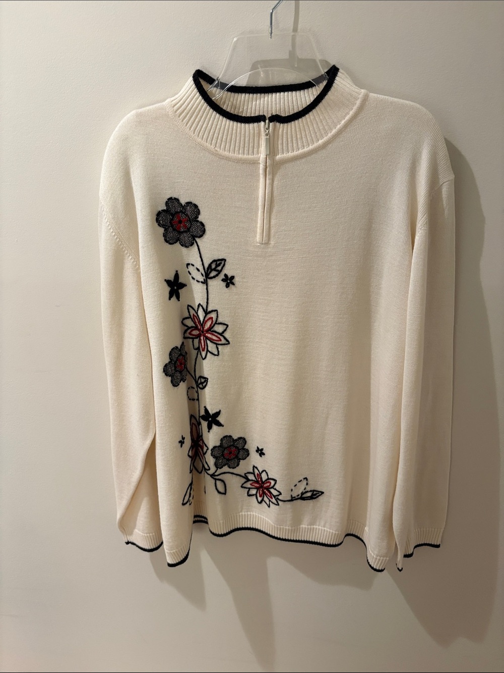 Alfred Dunner Cream Half-Zip Sweater with Black Trim and Floral Embroidery